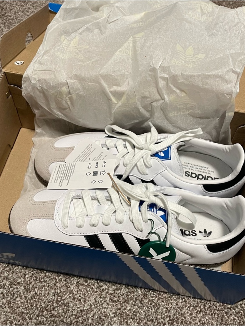 Adidas White Leather Sneakers with Black Stripes and Authentication Tag